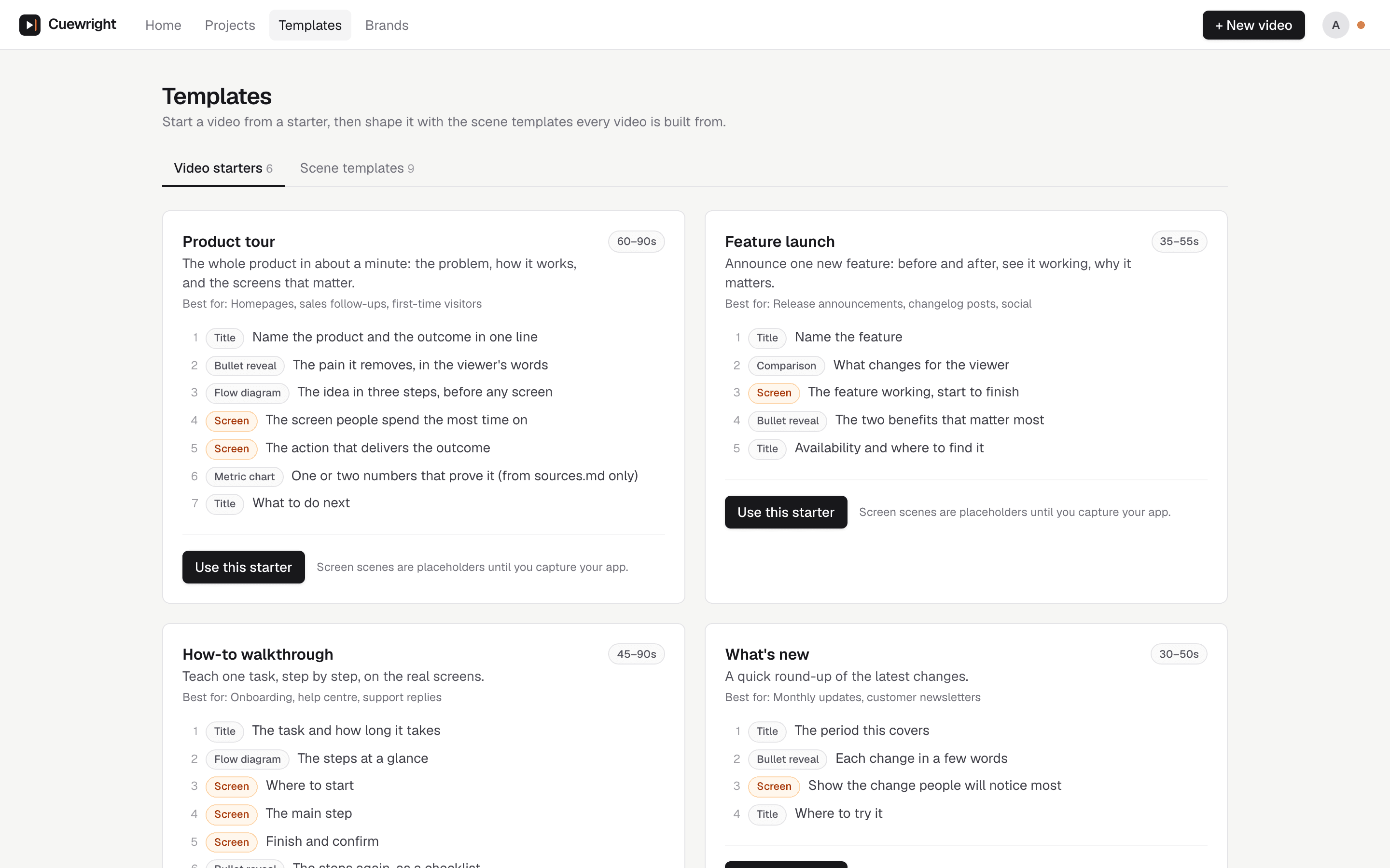 A captured screen: Cuewright's templates page